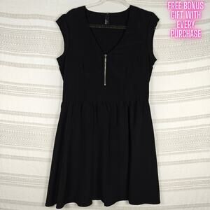 H&M Black Mini Dress V Neck Front Zipper Lightweight Size 12